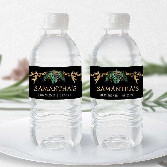 Rótulo De Garrafa De Vinho Chá de fraldas Safari Verde Dourado (Criador carregado)