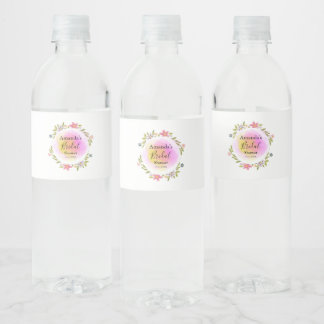 Rótulo De Garrafa De Vinho Chá de Noiva Floral em Aquarela Rosa