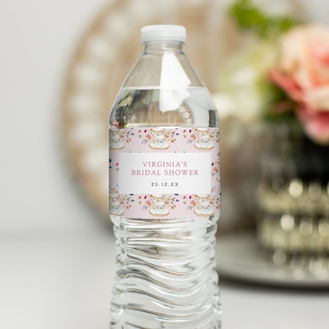 Rótulo De Garrafa De Vinho Chá de panela do Tea Party Rosa (Floral Pink Tea Party Bridal Shower Water Bottle Label by Painted Paperie
)