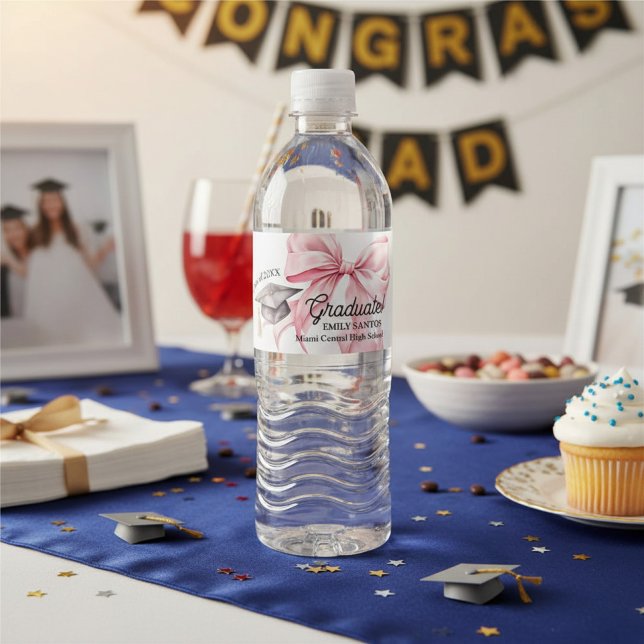 Rótulo De Garrafa De Vinho Chapéu de Graduação com Laço Rosa Graduado (Criador carregado)