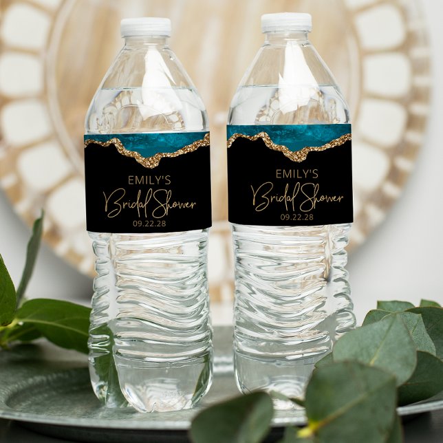 Rótulo De Garrafa De Vinho Chuva de Noiva Teal Dourado Ágata (Criador carregado)