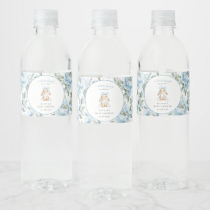 Rótulo De Garrafa De Vinho Coelho Fofo, Laço Azul, Flores Azuis, Chá de Bebê