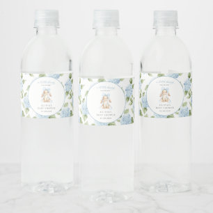 Rótulo De Garrafa De Vinho Coelho Fofo, Laço Azul, Flores Azuis, Chá de Bebê