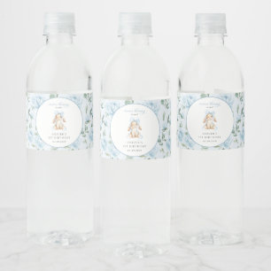 Rótulo De Garrafa De Vinho Coelho Fofo, Laço Azul, Flores Azuis, Primeiro Ani