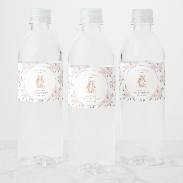 Rótulo De Garrafa De Vinho Coelho Fofo, Laço Rosa, Flores Rosas, Primeiro Ani (Garrafas)