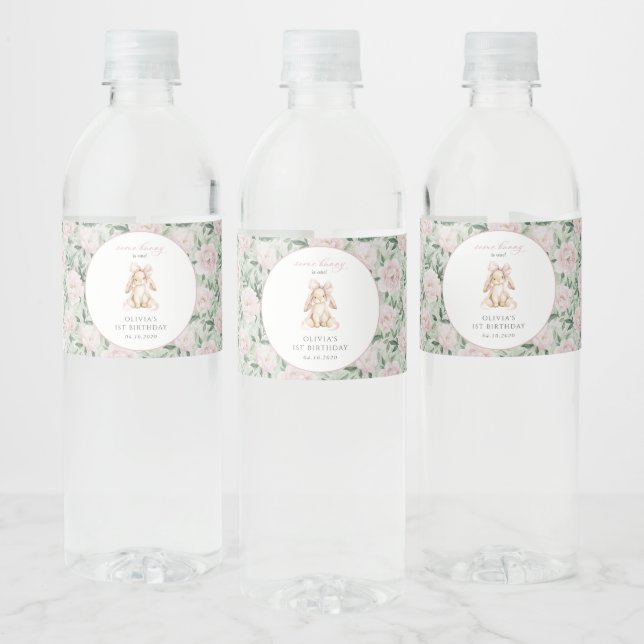 Rótulo De Garrafa De Vinho Coelho Fofo, Laço Rosa, Flores Rosas, Primeiro Ani (Garrafas)