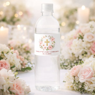Rótulo De Garrafa De Vinho Coroa floral rosa Primeira Comunhão