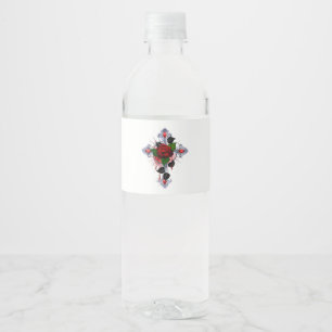 Rótulo De Garrafa De Vinho Cruz de Prata com Rosa vermelha
