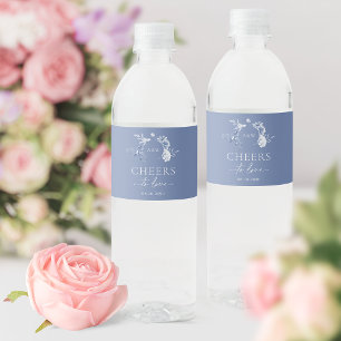 Rótulo De Garrafa De Vinho Dusty Blue Floral Wedding   Saúde ao Amor