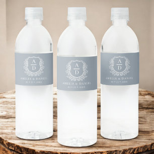 Rótulo De Garrafa De Vinho Dusty Blue Monograma Botânico Casamento Floral