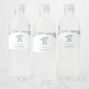 Rótulo De Garrafa De Vinho Elefante, Flores De Aquarela Azul, Primeiro Aniver