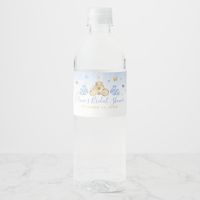 Rótulo De Garrafa De Vinho Elegante Baby Blue e Dourada Carruagem princesa (Frente)