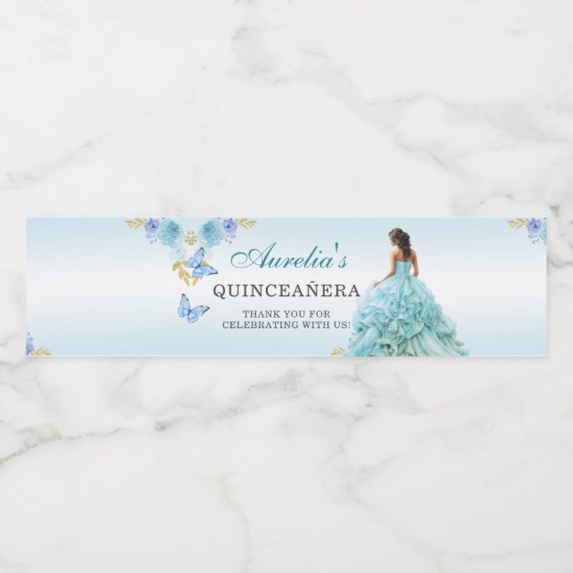 Rótulo De Garrafa De Vinho Elegante Blush Blue Floral Quinceañera Birthday W (Rótulo Único)