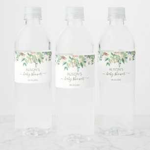Rótulo De Garrafa De Vinho Elegante Chá de fraldas Floral Eucalyptus Greener