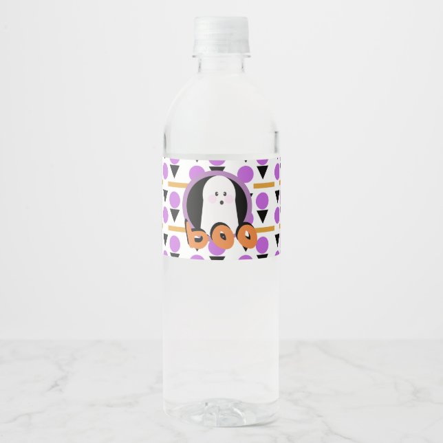 Rótulo De Garrafa De Vinho Fantasma de Halloween Fofo Roxo Laranja  (Frente)