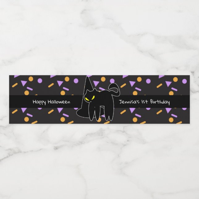 Rótulo De Garrafa De Vinho Feliz Aniversário Gato Preto no Halloween (Rótulo Único)