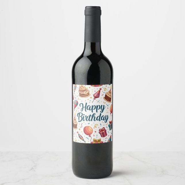Rótulo de garrafa de vinho feliz de aniversário co (Frente)
