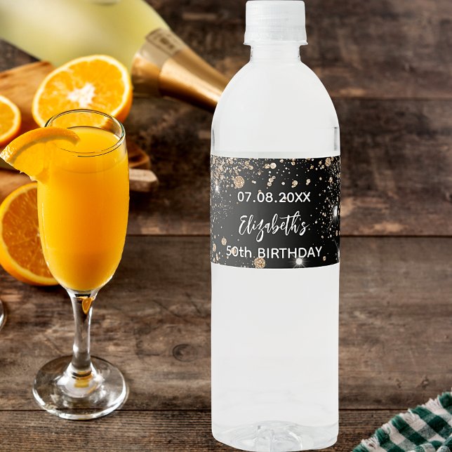 Rótulo De Garrafa De Vinho Festa de aniversário com brilho dourado e preto (Criador carregado)