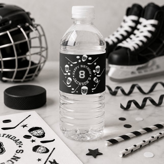 Rótulo De Garrafa De Vinho Festa de Aniversário Infantil com Tema de Hóquei P (Hockey black and White Themed Kids Birthday Party Water Bottle Label)