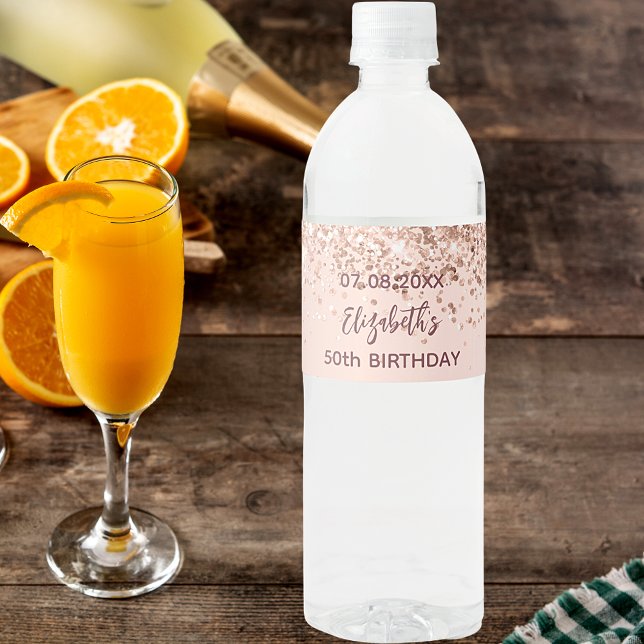 Rótulo De Garrafa De Vinho Festa de aniversário rosa dourado com brilho (Criador carregado)