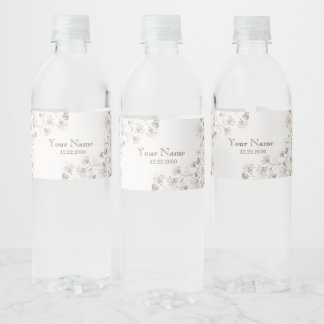 Rótulo De Garrafa De Vinho Festa de Casamento Bege Floral Coração Bege Elegan