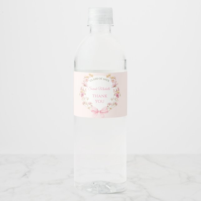 Rótulo De Garrafa De Vinho Festa de Graduação de Flores Silvestres Boho Rosa  (Frente)