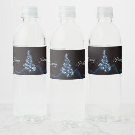 Rótulo De Garrafa De Vinho Festa de Natal Árvore Azul Brilhante Preto Elegant