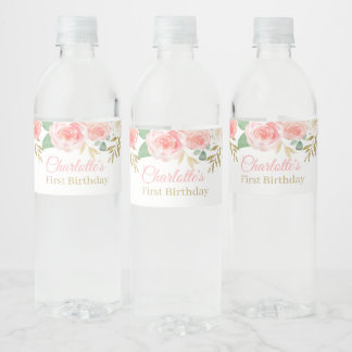 Rótulo De Garrafa De Vinho Flor rosa, Aniversário, Garrafas de Água