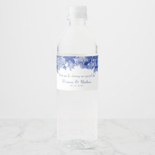 Rótulo De Garrafa De Vinho Floral Branco Azul Elegante Obrigado Água De Casam