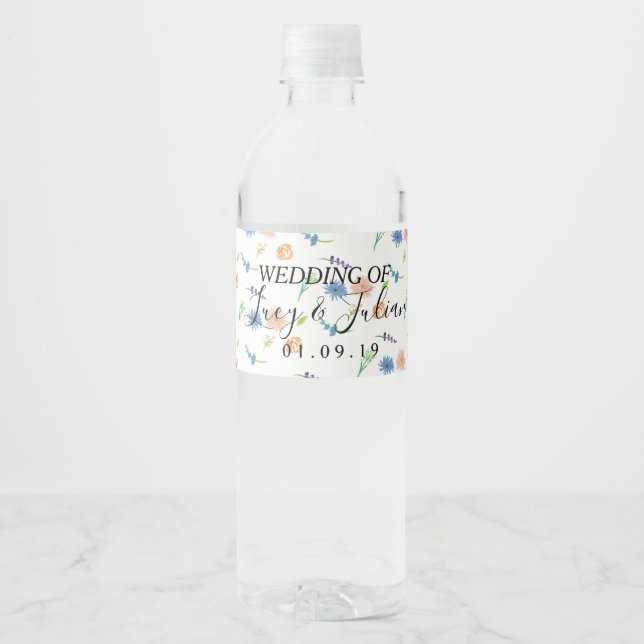 Rótulo De Garrafa De Vinho Flores Pintadas à Aquarela para Casamento de Flore (Frente)