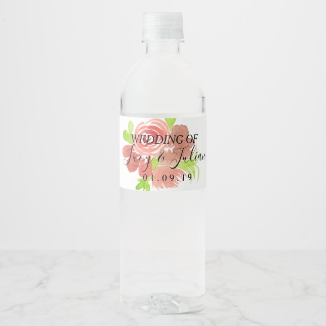 Rótulo De Garrafa De Vinho Flores Pintadas à Aquarela Rosa Casamento  (Frente)