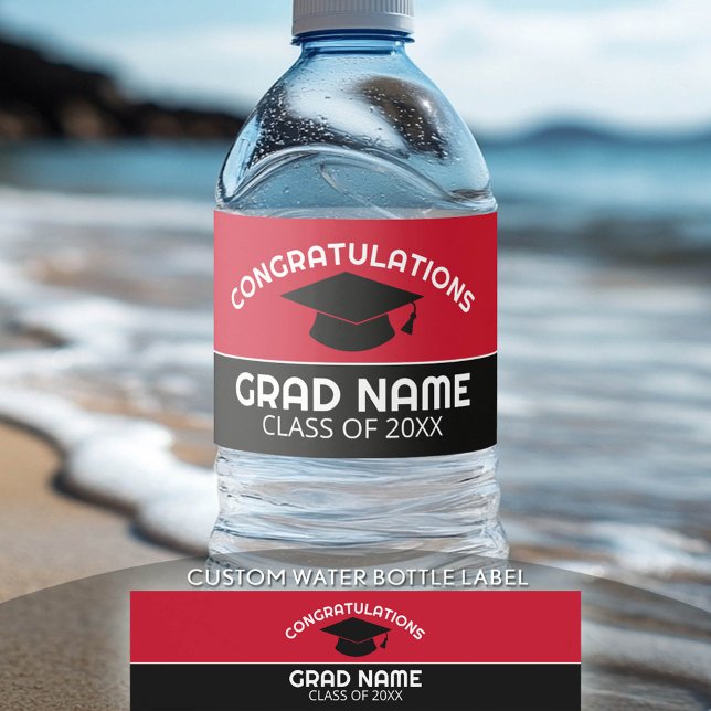 Rótulo De Garrafa De Vinho Formando parabéns - Graduação em preto vermelho (Custom Graduation Water Bottle Label)