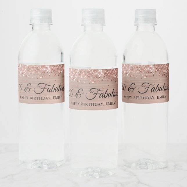 Rótulo De Garrafa De Vinho Glittery Rose Gold Foil 50 & Fabuloso (Garrafas)