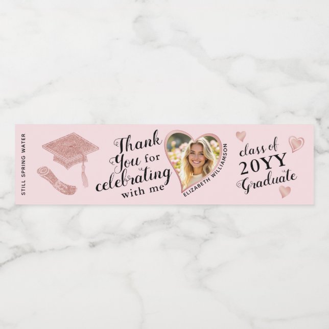 Rótulo De Garrafa De Vinho Graduação Pink Elegante de Foto Personalizada Obri (Rótulo Único)