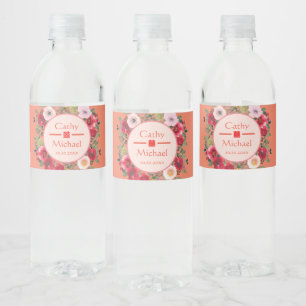 Rótulo De Garrafa De Vinho Grinalda floral de círculo laranja casamento chinê