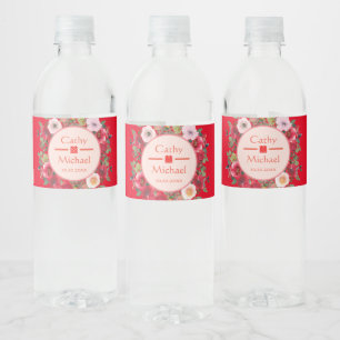 Rótulo De Garrafa De Vinho Grinalda floral de círculo vermelho moderno casame