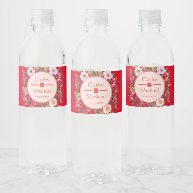 Rótulo De Garrafa De Vinho Grinalda floral de círculo vermelho moderno casame (Garrafas)