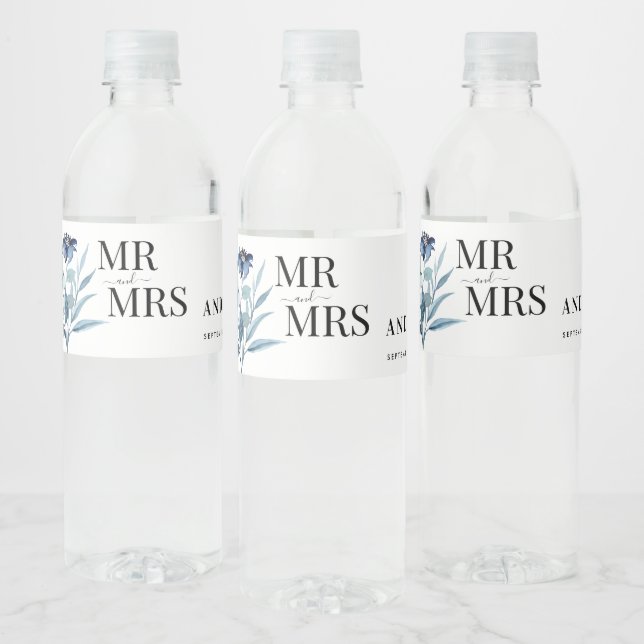 Rótulo De Garrafa De Vinho ilustração em aquarela rústica de buquê floral azu (Garrafas)