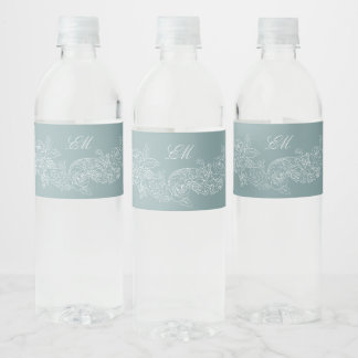 Rótulo De Garrafa De Vinho Iniciais Ornamentais em Azul Desbotado Romântico
