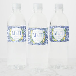 Rótulo De Garrafa De Vinho Limões Azuis E Brancos Azulejos De Casamento
