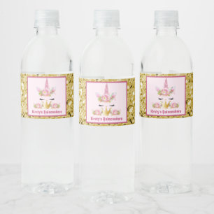 Rótulo De Garrafa De Vinho Lindo Unicórnio Rosa Dourado Brilho Quinceañera