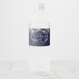 Rótulo De Garrafa De Vinho Luzes de Corda Azul Marinho Floral Casamento