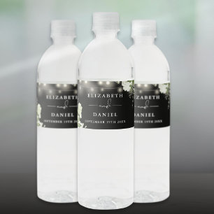 Rótulo De Garrafa De Vinho Luzes de Corda Florais Preto e Branco Casamento