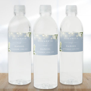 Rótulo De Garrafa De Vinho Luzes de Corda Verdejante Floral Casamento Azul Em