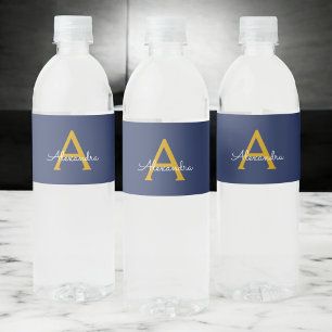 Rótulo De Garrafa De Vinho Marinho Azul Dourado Script Modern Girly Monogram 