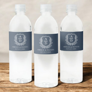 Rótulo De Garrafa De Vinho Marinho Azul Monograma Casamento Botânico Derrame