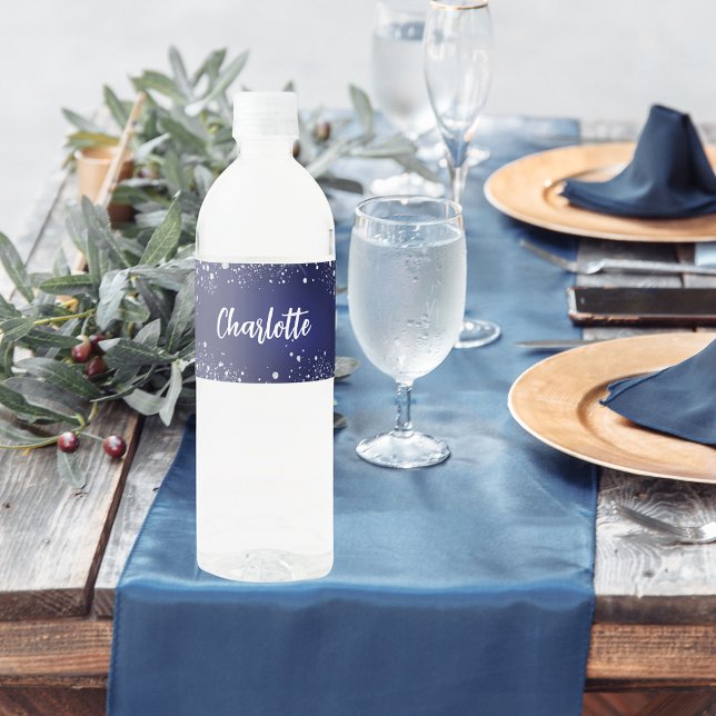 Rótulo De Garrafa De Vinho Marinho azul-prata nome cintilante (Criador carregado)