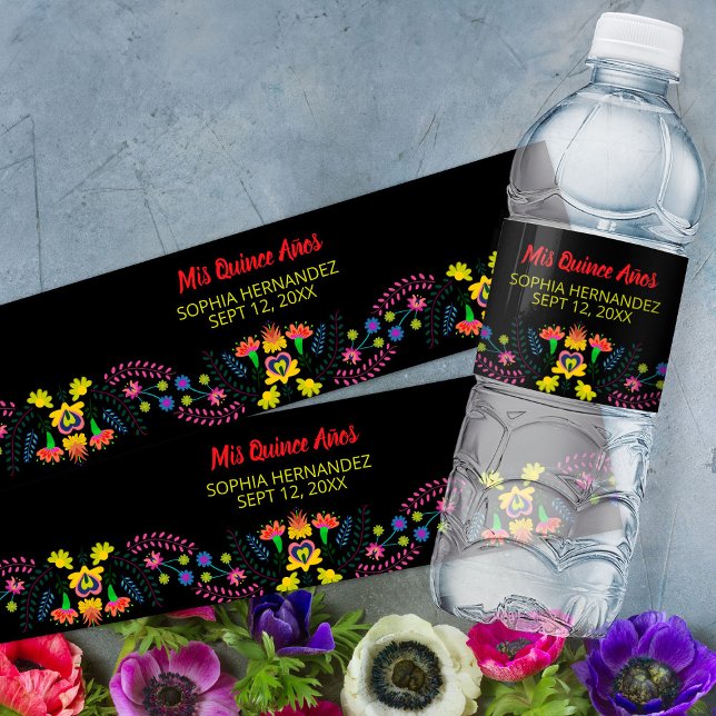 Rótulo De Garrafa De Vinho Mis Quince Anos Negro Partido Fiesta Mexicano (Water bottle labels from my Mexican Fiesta Party Quinceanera Collection 
)