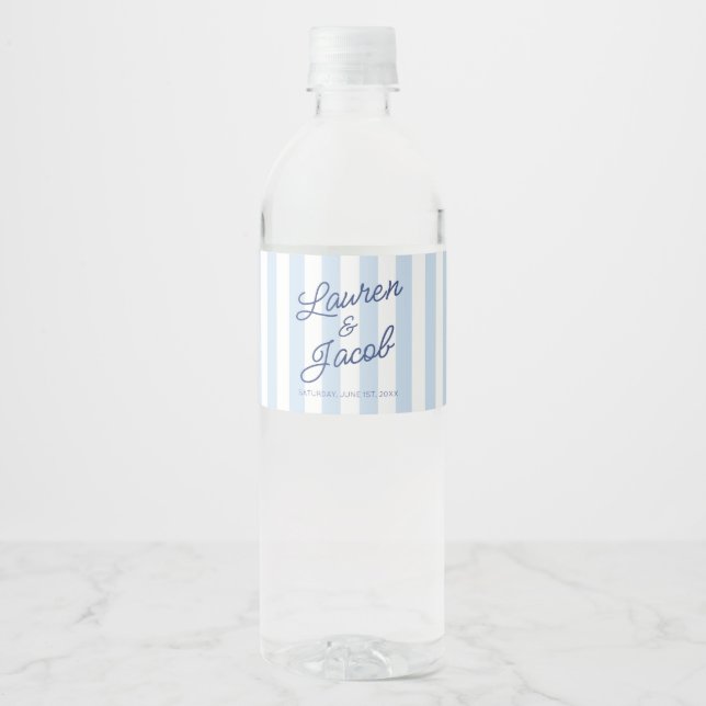 Rótulo De Garrafa De Vinho Modern Minimal Minimalist Blue Stripes Wedding (Frente)