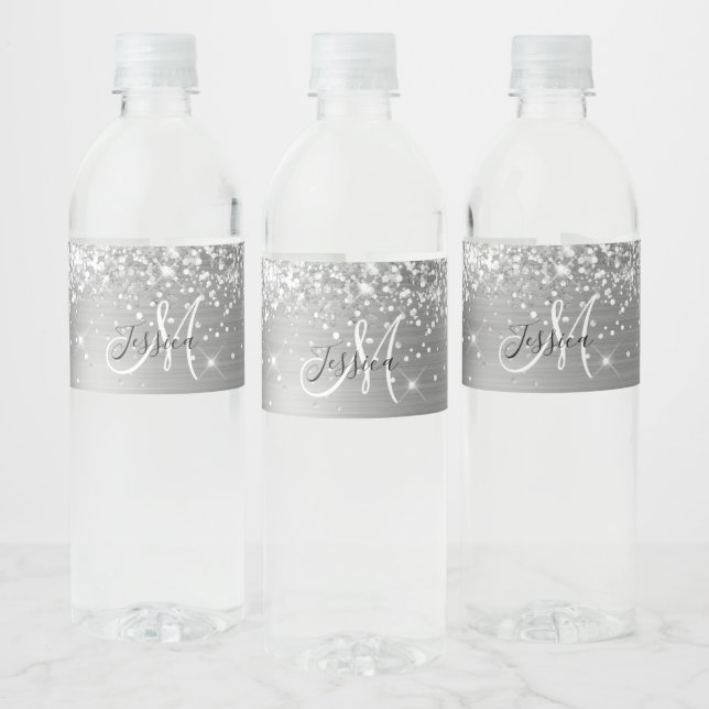 Rótulo De Garrafa De Vinho Monograma Preto e Branco em Glitter Prateado (Garrafas)